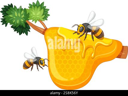 Deux abeilles ramassant le miel d'une branche d'arbre Illustration de Vecteur