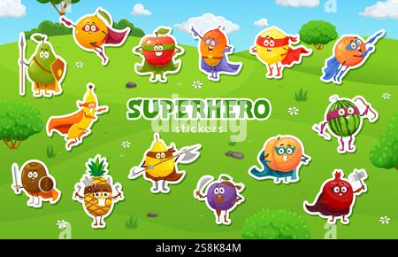 Autocollants pack de personnage de dessin animé de fruit de super-héros. Super-héros volant ou guerrier avec lance et arc fruits tropicaux vecteur personnages autocollants avec Illustration de Vecteur