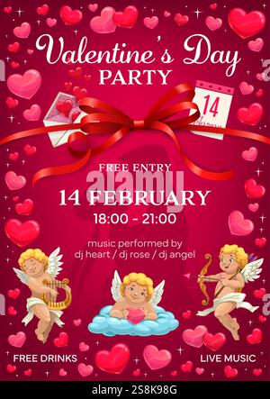 Flyer de fête de la Saint-Valentin avec des teintes romantiques de rouge et rose. Affiche d'invitation festive vectorielle mettant en vedette des anges ou des chérubins, des coeurs, un ruban rouge, calen Illustration de Vecteur