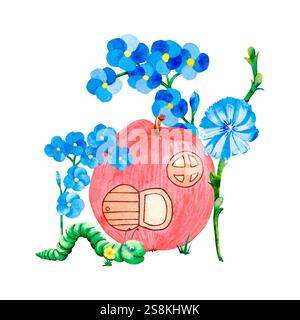 Composition aquarelle de pommier, Forget-me-not, chicorée, chenille et herbe. Dessin botanique sur fond isolé. Pour votre conception. Banque D'Images