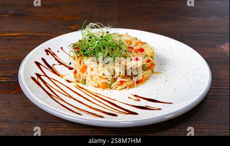 Un plat de riz vibrant composé de légumes mélangés est élégamment présenté sur une assiette blanche. Garni de pousses fraîches et arrosé d'une sauce salée, Banque D'Images