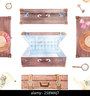 Valises, parchemin avec carte de l'Australie, chapeau de soleil, loupe aquarelle motif sans couture isolé sur blanc. Dessiné à la main pour papeterie, souvenir Banque D'Images