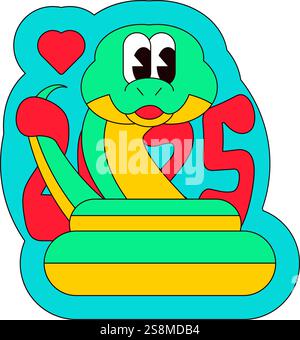 Serpent amical enroulé en anneaux et inscription 2025. Velcro du nouvel an pour pack autocollant ou carte cadeau dans le style ancien de 2000. Autocollant rétro de dessin animé Y2K sur Illustration de Vecteur