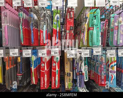 Variété de brosses à dents dans un présentoir de détail avec différentes marques et couleurs. Banque D'Images