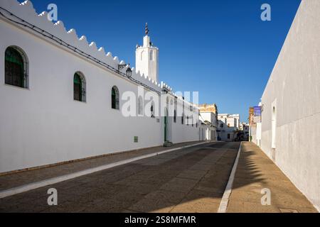 Asilah, Maroc. Assilah Médina et Grande Mosquée. Architecture marocaine à l'intérieur de la vieille ville d'une belle ville marine. Avenue Mohamed Banque D'Images