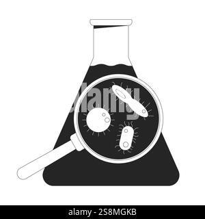 Micro-organismes grossis dans un flacon avec un objet de ligne 2D noir et blanc Illustration de Vecteur