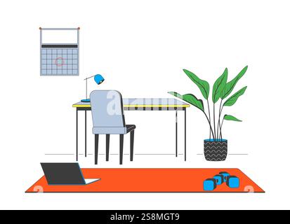 Bureau de travail à domicile avec illustration plate de dessin animé dans le coin d'entraînement Illustration de Vecteur