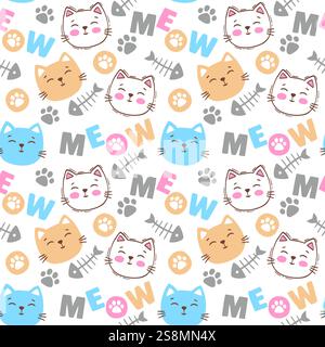 Motif sans couture. Des visages de chat souriants, le texte miaou et patte s'imprime dans un ordre chaotique sur un fond blanc Illustration de Vecteur