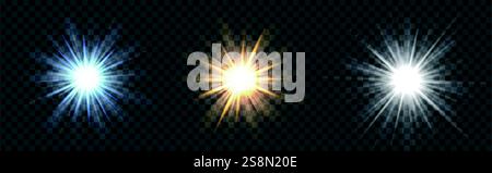 Starburst réaliste. Rayons du soleil jaune, bleu et blanc lueur d'étoile, effet de lumière du soleil, brillance radieuse réaliste. Fusée radiale supernova. Ensemble isolé de vecteur. Illustration de Vecteur