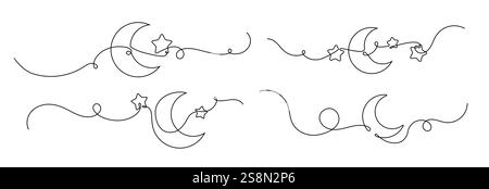 Croissant en ligne continue. Dessin de lune d'une ligne, symbole arabe Ramadan Kareem dans un style linéaire simple. Signe de contour de sommeil, croissant avec ensemble de vecteurs d'étoiles. Illustration de Vecteur