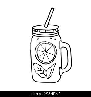 Thé glacé au citron et à la menthe ou limonade dans un verre de pot maçon et paille isolé sur un fond blanc. Dessin de contour noir et blanc. Minimaliste Illustration de Vecteur