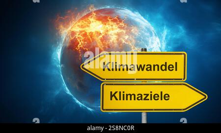 Zerstörter Planet Erde Vor einem glühenden und zerstörten Planet Erde steht ein Wegweiser mit der Aufschrift Klimawandel und Klimaziele in unterschied Banque D'Images