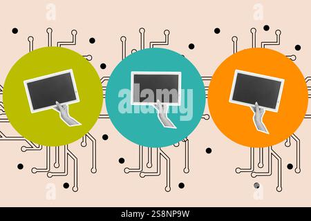 Un collage de mains de femme tenant un tableau noir sur des cercles colorés sur un fond rose Banque D'Images