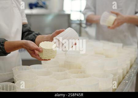 Gros plan de deux personnes manipulant du fromage frais dans une cuisine professionnelle. Ils façonnent et arrangent le fromage tout en se concentrant sur la tâche à accomplir Banque D'Images
