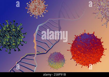 Antécédents de coronavirus ou d'éclosion de grippe. Souche de grippe avec concept de recherche d'ADN Banque D'Images