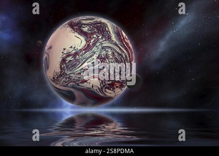 Planète dans l'espace avec réflexion de l'eau illustration 3D. Banque D'Images
