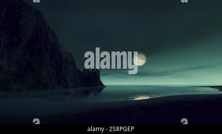 Pleine lune à l'océan avec château perdu par la nuit illustration 3D. Banque D'Images