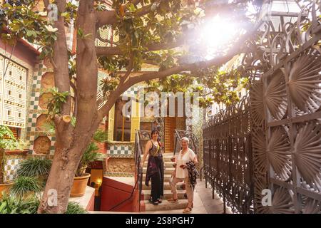 Deux femmes debout sur les escaliers de casa vicens à barcelone, profitant du soleil d'été filtrant à travers les feuilles d'un magnolia Banque D'Images