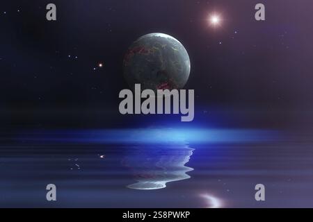 Planète dans l'espace avec illustration de réflexion de l'eau Banque D'Images