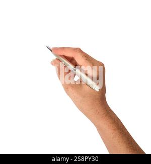 Vue de dessus main de femme tenant le stylo écriture isolé découpe sur blanc Banque D'Images