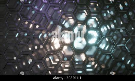 Fond hexagonal de réflexions de lumière de science-fiction. Illustration 3D. Banque D'Images