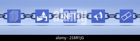 Symbole Blockchain jeton non fongible. Illustration 3D. Banque D'Images