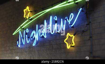 Un panneau lumineux au néon Nightlive avec des étoiles illustration 3D. Banque D'Images