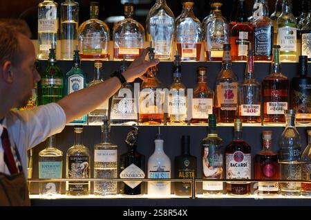 Hambourg, Allemagne. 17 avril 2024. Vue sur les boissons alcoolisées dans un bar dans un hôtel à Hafencity. Crédit : Marcus Brandt/dpa/Alamy Live News Banque D'Images