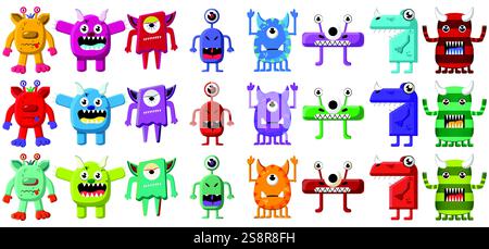 Ensemble de monstres colorés de bande dessinée ou d'extraterrestres isolés sur un fond blanc Illustration de Vecteur