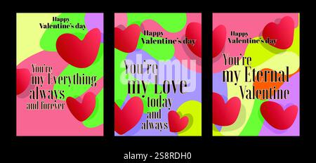 Modèles de Saint-Valentin cœur audacieux avec des fonds pastel modernes. Un ensemble de carte de vœux Saint-Valentin avec un exemple de texte, des coeurs rouges et un backgr abstrait Illustration de Vecteur