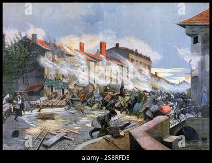 Le 9 octobre 1870, les fortifications contre les envahisseurs Prussiens, Rambervillers, est de la France 1870 : 200 gardes nationaux ont tenu une journée contre 2 000 Allemands. Leur courage a valu à la ville la médaille de la Légion d'honneur, et a donné son nom à une rue de Paris (dans le 12e arrondissement). Banque D'Images