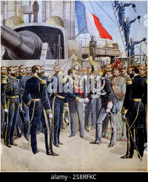Roi et Reine d'Italie arrivent en France et sont reçus au cours d'une revue navale. 1899. Umberto I (1844 - 1900) était le roi d'Italie de 1878 jusqu'à son assassinat en 1900. La princesse Margherita de Savoie, 1851 - 1926, a été la Reine consort du Royaume d'Italie par le mariage de Umberto I. Banque D'Images