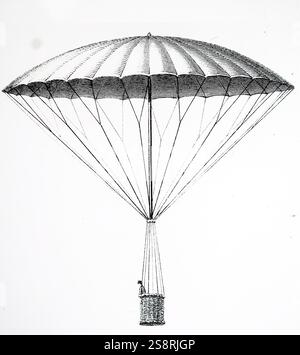 André-Jacques Garnerin gravure illustrant à sa première descente en parachute. André-Jacques Garnerin (1769-1823) un aéronaute français et inventeur du parachute sans cadre. En date du 18e siècle Banque D'Images