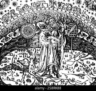 Illustration grecque représentant les quatre éléments, terre, air, eau et feu, entouré par la coupole des étoiles fixes. Également sur la photo est l'Arabette de concept d'une terre plate flottant sur l'eau. La figure centrale de l'image représente Archimède. En date du 16e siècle Banque D'Images