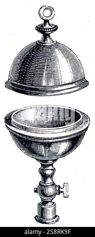 Gravure représentant les deux parties d'un hémisphères de Magdebourg. Les hémisphères de Magdebourg sont une paire de cuivre avec de grands hémisphères, les jantes. Ils ont été utilisés pour démontrer la puissance de la pression atmosphérique. Quand les bords ont été scellés avec de la graisse et l'air était pompée, la sphère contenait un vide et ne pouvait pas être arraché par des équipes de chevaux. En date du 19e siècle Banque D'Images