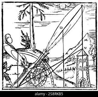 Gravure illustrant le concept aristotélicien de la trajectoire du projectile. Depuis qu'il croyait pas d'organe pourrait entreprendre plus d'une motion à la fois, le chemin devait se composer de deux motions distinctes dans une ligne droite. Aristote (384 BC-322 BC) un philosophe et scientifique. En date du 16e siècle Banque D'Images