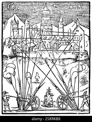 Gravure illustrant le concept aristotélicien de la trajectoire du projectile. Depuis qu'il croyait pas d'organe pourrait entreprendre plus d'une motion à la fois, le chemin devait se composer de deux motions distinctes dans une ligne droite. Aristote (384 BC-322 BC) un philosophe et scientifique. En date du 16e siècle Banque D'Images