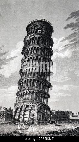 Gravure représentant la Tour de Pise, l'hôtel Campanile, ou établissements autonomes de clocher, de la cathédrale de la ville italienne de Pise, connue dans le monde entier pour son inclinaison involontaires. Osé 19e siècle Banque D'Images
