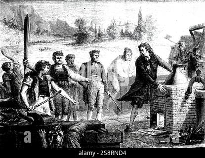 Gravure représentant des bateliers de la Weser en détruisant la machine à vapeur de Denis Papin. Denis Papin (1647-1713) Physicien français, mathématicien et inventeur. En date du 19e siècle Banque D'Images