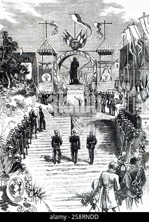 Gravure illustrant le dévoilement de la statue de Denis Papin à Blois, France. Denis Papin (1647-1713) Physicien français, mathématicien et inventeur. En date du 19e siècle Banque D'Images