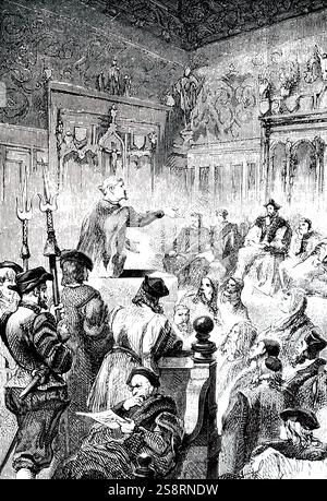 Gravure représentant Paracelse de plaider sa cause devant les magistrats à Bâle au cours de son action contre Canon Lichtenfels. Il a fait tant d'ennemis parmi les médecins et les spécialistes de la ville qu'il a dû fuir pour sauver sa vie. Paracelse (1493-1541) un médecin suisse, alchimiste et astrologue de la Renaissance allemande. En date du 19e siècle Banque D'Images