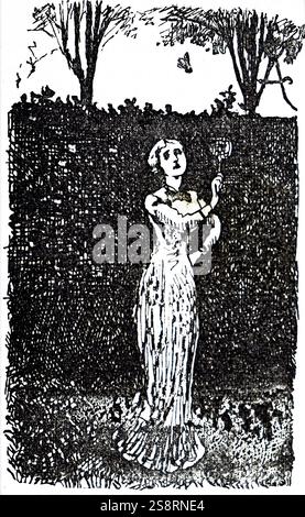 Gravure représentant une jeune femme à jouer au badminton dans le jardin. En date du 19e siècle Banque D'Images