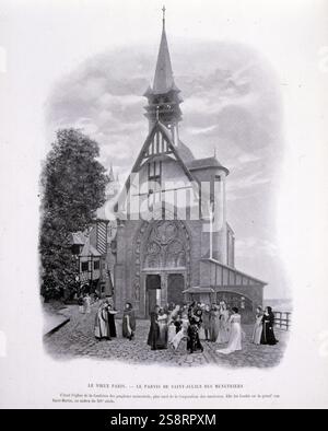 Exposition universelle Paris, 1900 ; photographie en noir et blanc de l'extérieur d'une église dans l'exposition du Vieux Paris montrant des jongleurs et des musiciens dans les rues de Saint-Julien. Banque D'Images