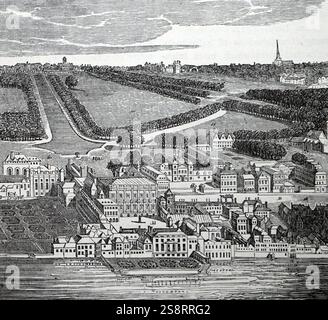 Whitehall sous le règne de James I. Whitehall est une route et une zone dans la ville de Westminster, au centre de Londres, c'est le centre du gouvernement du Royaume-Uni et est bordée de nombreux départements et ministères, y compris le ministère de la Défense, Horse Guards et le Cabinet Office. Le nom a été pris du palais de Whitehall qui était la résidence des rois Henri VIII jusqu'à Guillaume III, avant sa destruction par un incendie en 1698 ; seule la maison de banquet a survécu Banque D'Images