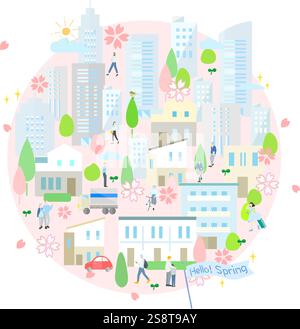 Cerisiers en fleurs et bâtiments - illustration vectorielle d'un paysage urbain et des gens marchant - les gens dans la terre - les fonds de printemps Illustration de Vecteur