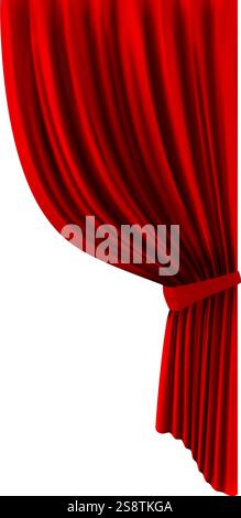 Décoration de scène de théâtre réaliste, rideaux luxueux rouges dramatiques attachés avec un ruban, légèrement ouverts sur un fond blanc, créant un sentiment de Illustration de Vecteur