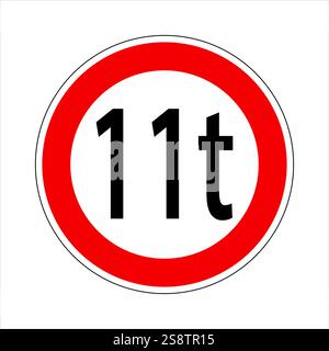 Panneau routier rond indiquant le chiffre onze et la lettre t, indiquant une limite de poids pour les véhicules qui passent Illustration de Vecteur