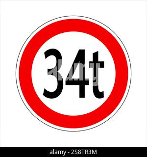 Signalisation routière réglementaire indiquant une restriction de poids, interdisant les véhicules de plus de 34 tonnes Illustration de Vecteur