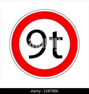 Panneau routier réglementaire indiquant une limite de poids pour les véhicules, interdisant le passage à ceux de plus de 9 tonnes Illustration de Vecteur