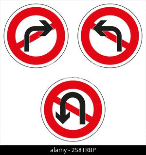 Panneaux routiers circulaires indiquant les manœuvres de virage interdites, y compris aucun virage à droite, aucun virage à gauche et aucun virage en demi-lune Illustration de Vecteur